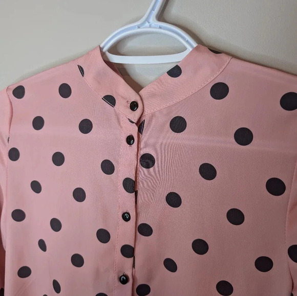 Polka Dot Dress Ascot Neck Tie Bow Pink Black Full Button Down Midi Length Small - Picture 11 of 13